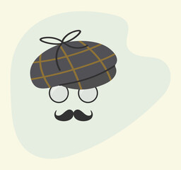 Icon of a detective in a cap, glasses with a mustache. Retro poster in vintage style. Vector flat illustration. Detective search logo template design.
