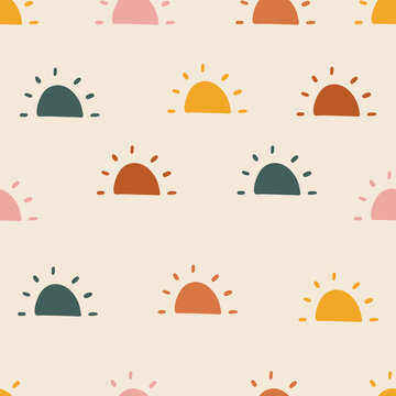 Hand drawn sun modern doodle seamless pattern. Pastel grunge background. Vector illustration