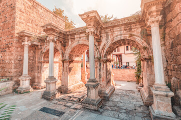 Famous gate or Hadrianus arch in Antalya without visitors. Travel landmarks and must-see tourist...