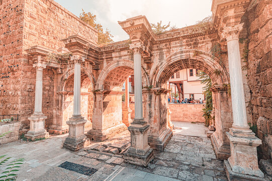 Famous gate or Hadrianus arch in Antalya without visitors. Travel landmarks and must-see tourist and sightseeing sites in Turkey