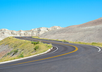 Isolated road through Badlands National Park in South Dakota