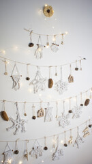 Close-up of DIY macrame Christmas decor with wooden figurines, natural materials on the wall. Concept: eco-friendly zero waste christmas tree. Winter holidays 25 December. Holiday decor ideas