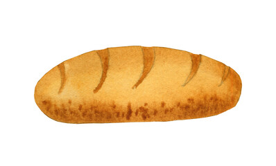 Baton bakery product hand drawn watercolor illustration. Fresh bread on an isolated background. For bakery menu and craft confectionery design.