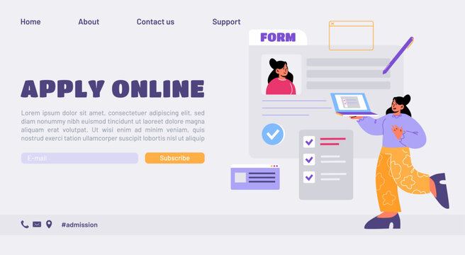 Service of apply online, register form on website. Vector landing page of digital admission and application registration with flat illustration of woman completes request online