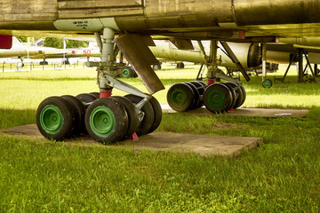 landing gear of a large military aircraft close-up