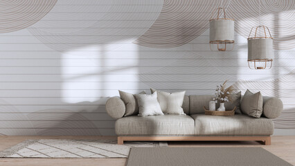 Fototapeta na wymiar Wabi sabi living room in white and beige tones with copy space. Wooden and fabric sofa with pendant lamps. Japandi interior design