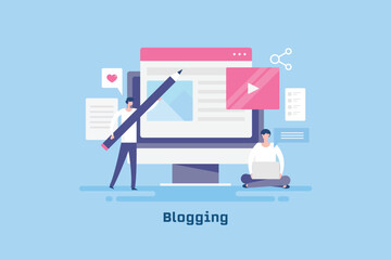 Social media blogging concept, man with big pencil creating web content and other person with laptop publishing blog on internet, team work.