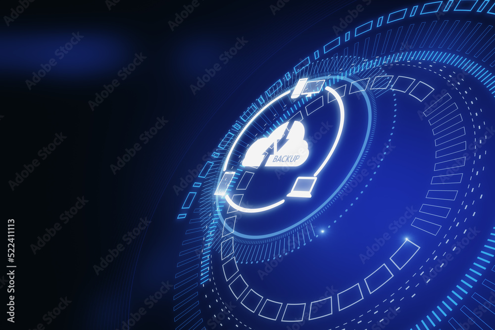 Poster Abstract glowing cloud hologram on blurry dark wallpaper. Cloud computing, big data backup concept. 3D Rendering.
