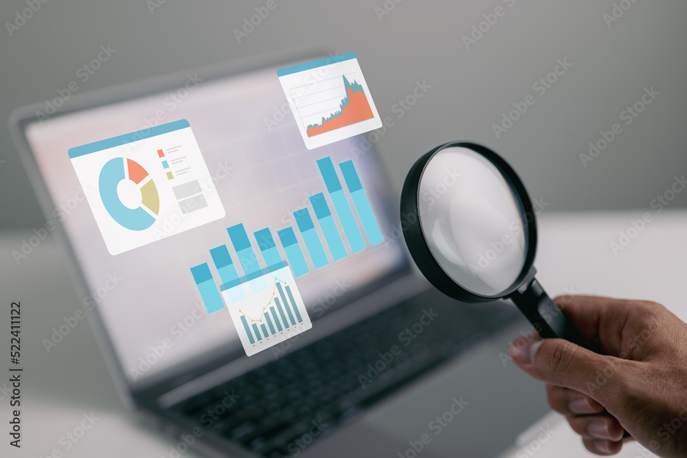 Poster Statistical and data analysis for business finance and investment concepts with businesspeople on a dashboard.
