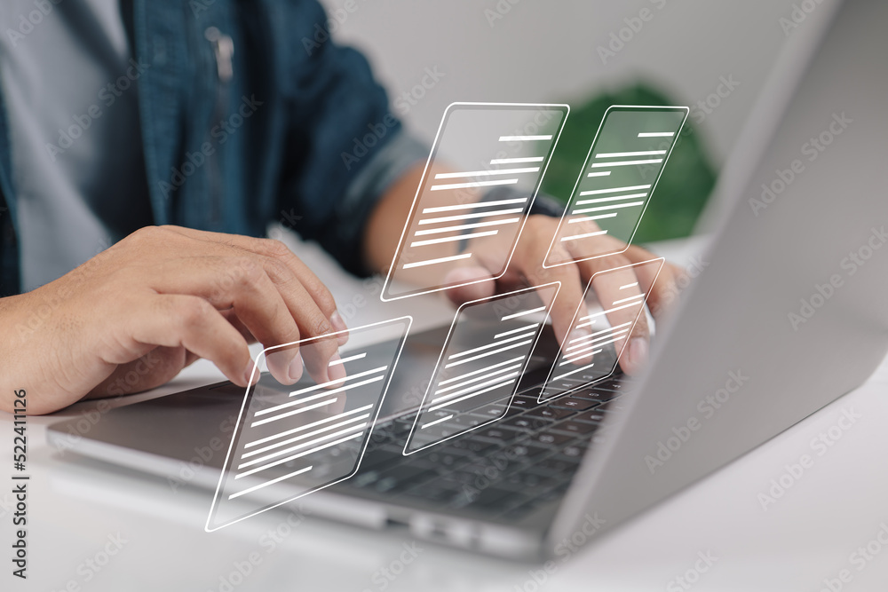 Poster a businessman using a laptop with the idea of a paperless workplace, electronic document icons, elec