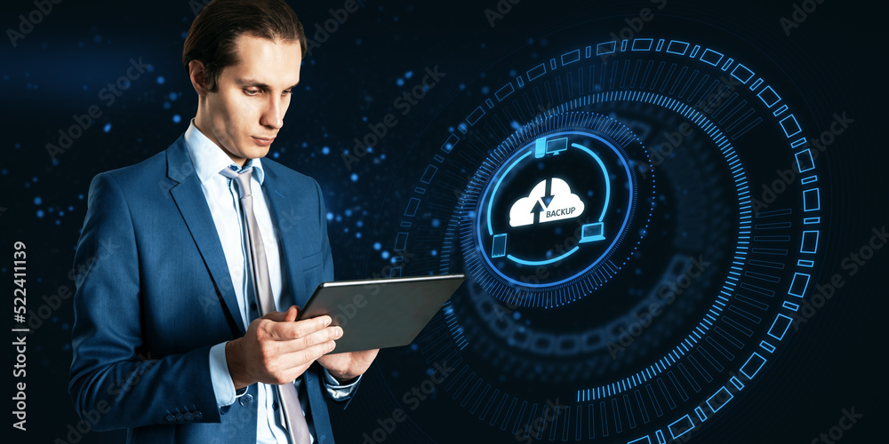 Poster attractive young european businessman holding tablet with abstract glowing cloud hologram on blurry 
