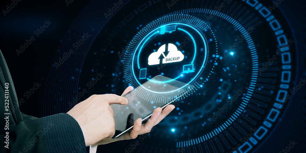 Aufkleber close up of businessman hand pointing at tablet with abstract glowing cloud hologram on blurry dark 