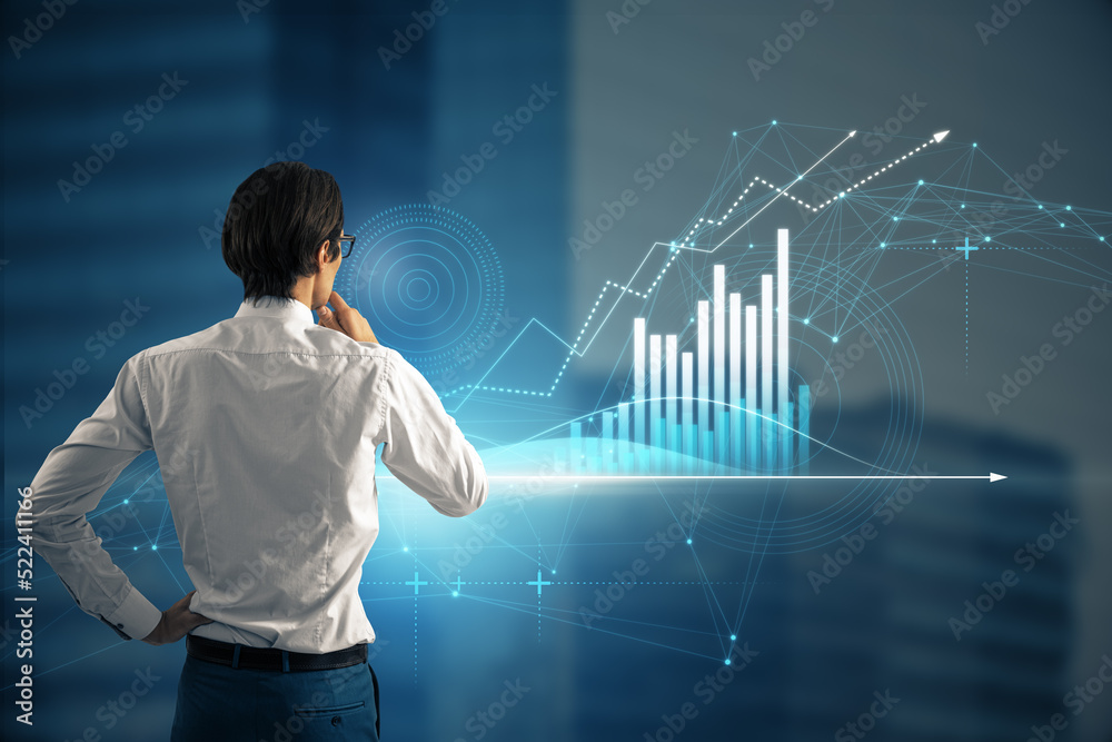 Poster back view of young european man looking at abstract glowing polygonal business graph hologram with g