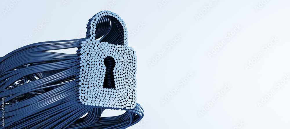 Poster abstract blue cable art padlock on wide white background with mock up place for advertisement, secur