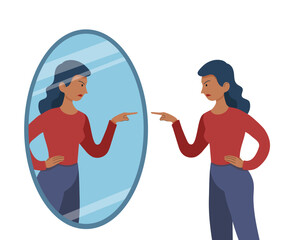 A disgruntled, angry woman looks at herself in the mirror. The girl points her finger at her reflection. She is irritated and blames herself. The concept of internal personality conflict.