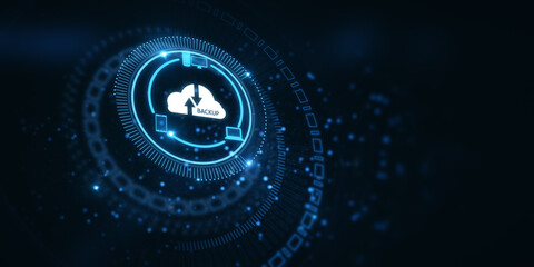 Abstract cloud hologram on blurry dark background. Cloud computing, big data backup concept. 3D...