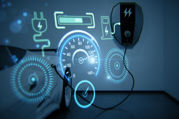 Creative electronic car dashboard interface hologram on blurry blue background. Automobile, charging and futuristic technology concept. 3D Rendering.