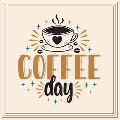 International coffee day. Hand drawn vector logotype with lettering and cappuccino with background.