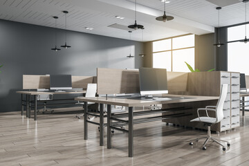 Luxury coworking office interior with window and city view, wooden flooring and sunlight. 3D Rendering.