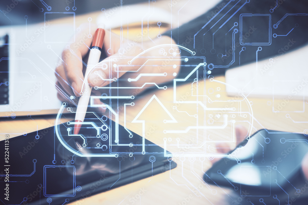 Poster Close up of male hands using digital pad and smartphone on desktop with abstract glowing circuit cloud hologram on blurry background. Big data and technology concept. Double exposure.