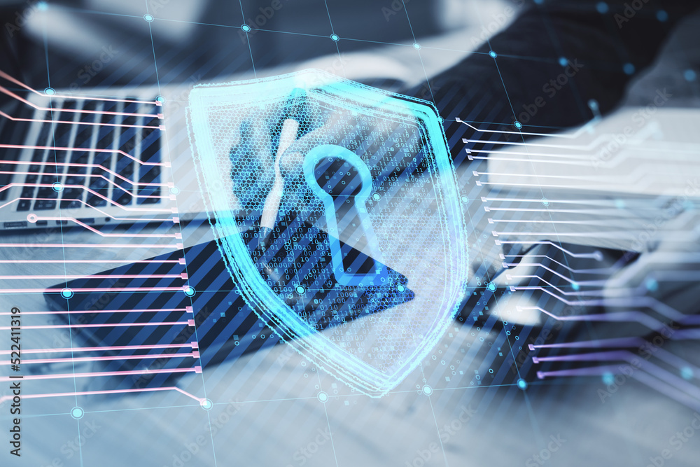 Aufkleber businessman hands using digital pad with pen and cellphone on desktop with creative glowing shield circuit security hologram on blurry background. Safety and web protection concept. Double exposure.