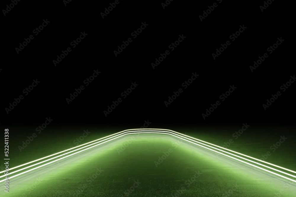 Poster Abstract green futuristic corridor with empty mock up place on black background. 3D Rendering.