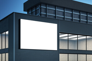 Modern building exterior with empty white mock up poster billboard on night sky background. Ad and commercial concept. 3D Rendering.