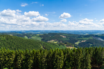 Landscape at Schomberg in Sauerland. Nature with forests and hiking trails near Sundern on the Lennegebirge.
