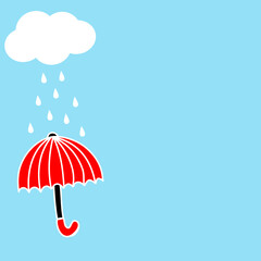 Red umbrella, clouds and rain in the blue sky with copy space. Creative with cartoon style  hand drawn, flat design vector illustration