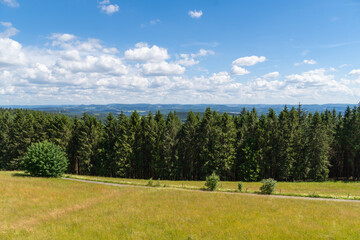 Landscape at Schomberg in Sauerland. Nature with forests and hiking trails near Sundern on the...