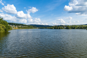 View of the Sorpesee in the Sauerland. Landscape with a lake and forests. Idyllic nature near Sundern.
