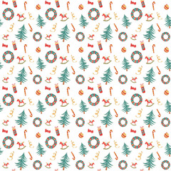 Watercolor christmas seamless pattern on white