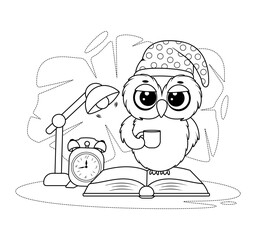 Coloring page. Owl in a sleep cap, with a cup, a book and a table lamp
