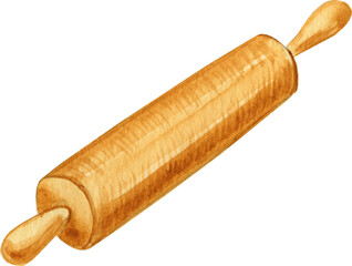 Wooden rolling pin watercolor hand drawn illustration. Kitchen home tool for rolling dough on an isolated background.