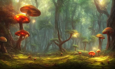 Foto op Aluminium Magic mushrooms fly agaric in the forest, a fabulous thicket of the forest. Glowing mushrooms fantasy moss. 3d illustration © Mars0hod