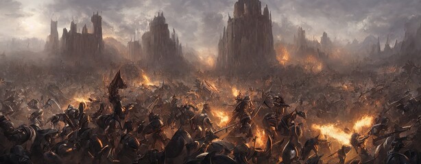 Fantasy medieval battle of the warriors of good and evil. Battlefield is on fire, deadly battle of ice and flame. 3d illustration - obrazy, fototapety, plakaty