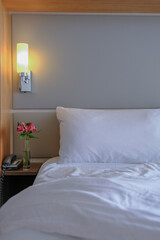 Comfortable double bed with duvet in luxurious oceanview or ocean view or outside or exterior...