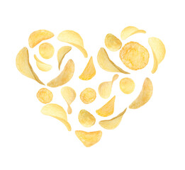 Heart made of tasty potato chips on white background