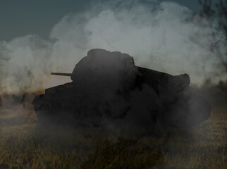 Fototapeta premium Silhouette of tank on battlefield in night