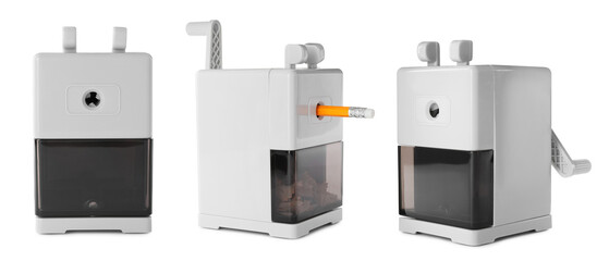 Set with mechanical rotary pencil sharpeners on white background. Banner design