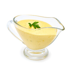 Tasty yellow hollandaise sauce in glass bowl gravy boat isolated on white background