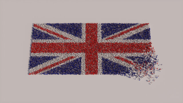 A Crowd of People gathering to form the Flag of United Kingdom. British Banner on White.