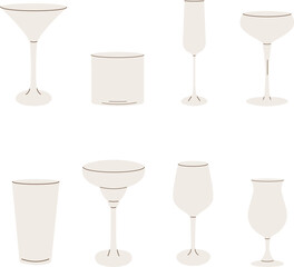 Vector set of cocktail glasses flat icons. Trendy modern simple style of different barware. Empty glassware for bar. Various glass for alcoholic beverages, drinks, juices and smoothies. 