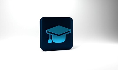 Blue Graduation cap icon isolated on grey background. Graduation hat with tassel icon. Blue square button. 3d illustration 3D render