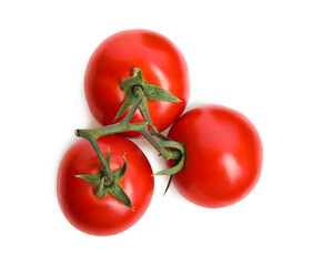 Branch of red ripe tomatoes isolated on white, top view