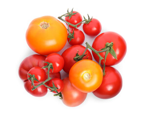 Many different ripe tomatoes on white background, top view