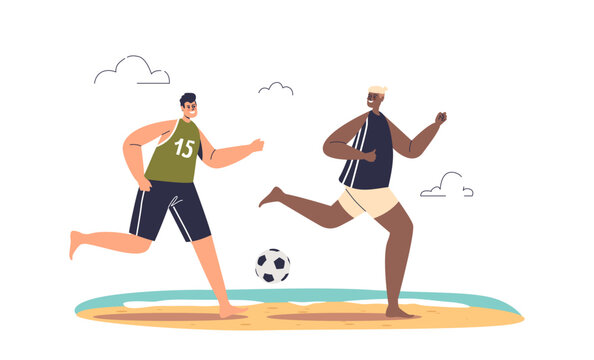 Young people play beach football. Happy men enjoy active game outdoors at sea during summer vacation