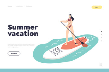 Summer vacation concept of landing page with woman practice paddleboard on sea resort