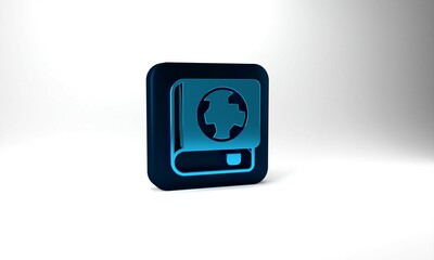Blue Earth globe and book icon isolated on grey background. World or Earth sign. Global internet symbol. Geometric shapes. Blue square button. 3d illustration 3D render
