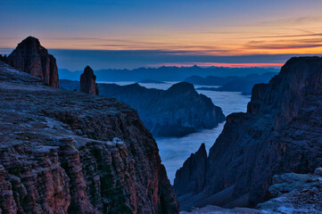 Sunset from Rifugio Boè over Alta Badia, Alta Via 2, Dolomites, Italy